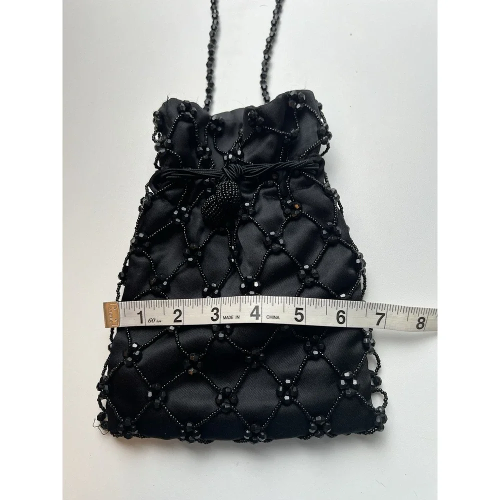 Magid Small  Black Beaded Handbag Drawstring Close Crossbody Evening Bag Vintage